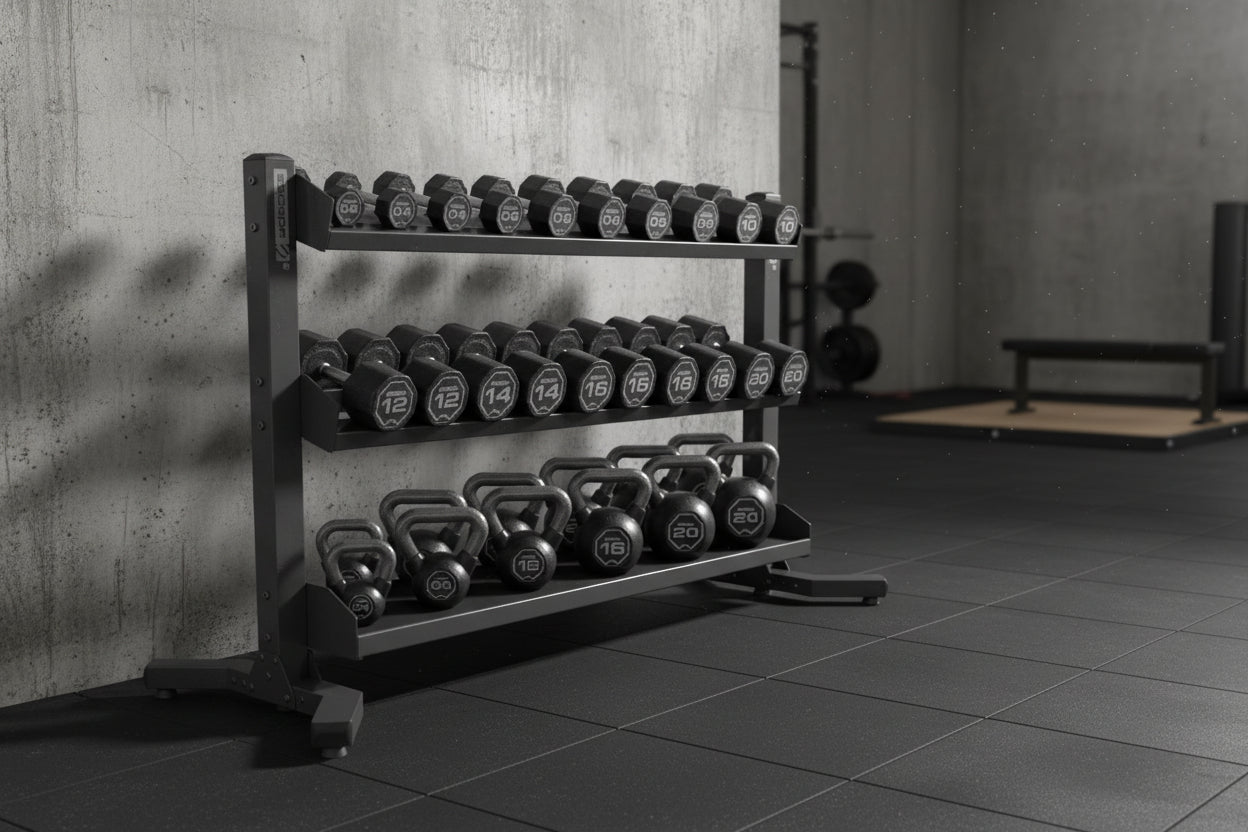 Escape Fitness Kettlebell and Dumbbell Rack.