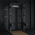 A black Jordan J75 Cable Rack integrated dual pulley system with accessories, including J-Hooks and a multi-handle pull-up bar, designed for cable and free weight workouts.