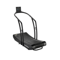 Woodway Curve self-powered treadmill with curved slat belt and standard monitor, three-quarter view on a white background