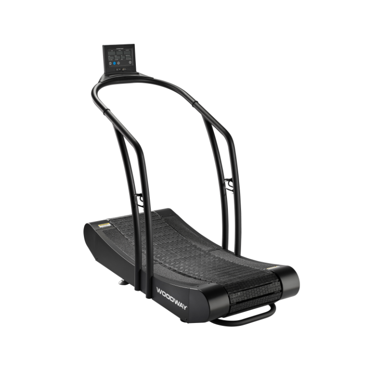Woodway Curve self-powered treadmill with curved slat belt and standard monitor, three-quarter view on a white background