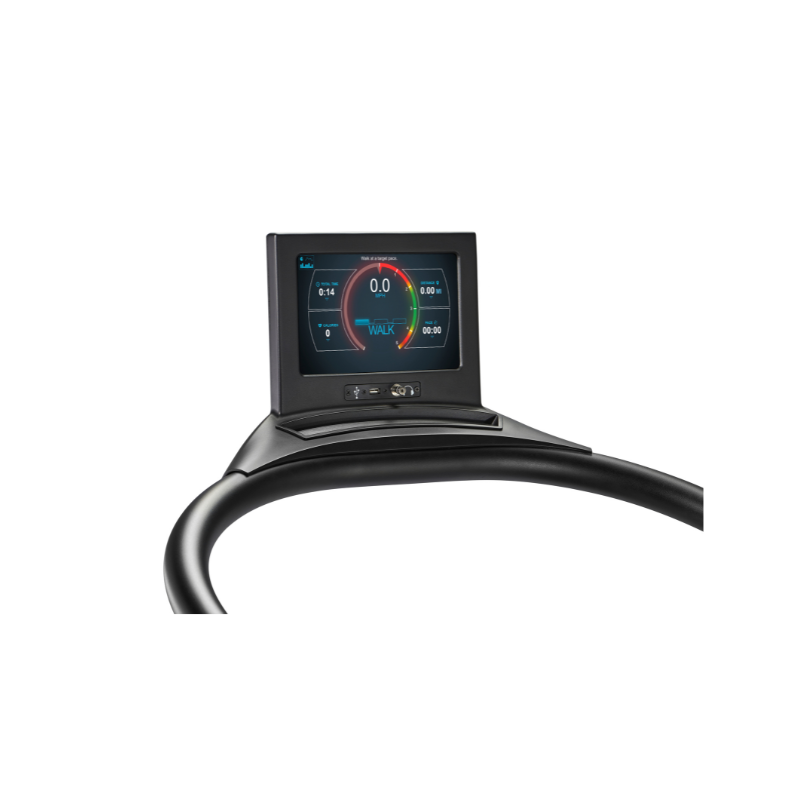 Woodway Curve touchscreen monitor and front handrail on a white background