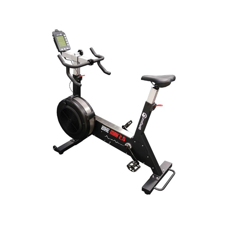 Commercial grade upright exercise bike with a backlit display, black and gray color scheme, with adjustable seat and handlebars.