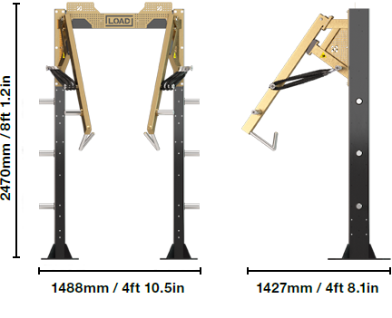 A metal rack with dimensions labeled on a white background
