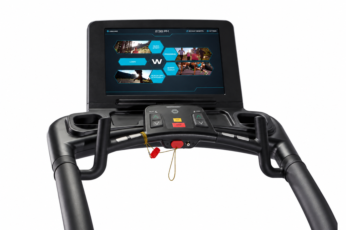 Woodway 4Front treadmill console with 21-inch touchscreen display on a white background